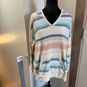 North River Colorful Knit Cotton Blend V-Neck Hoodie Sweater Striped Pastel L